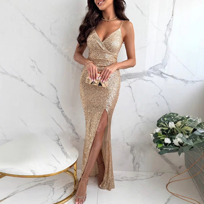 Women's Sequin V-Neck Slit Party Dress